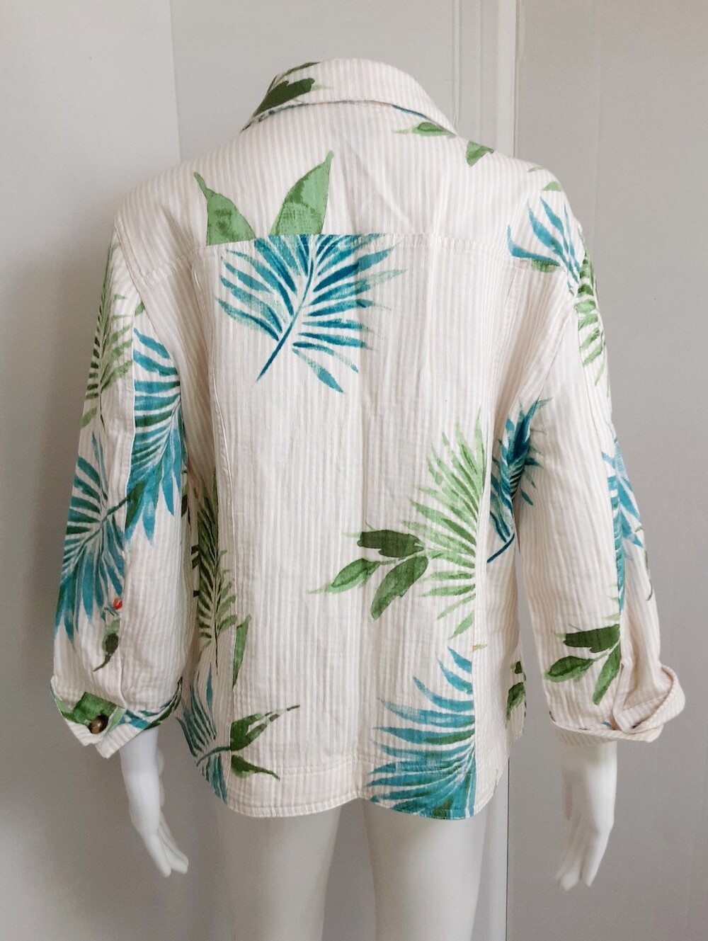 CHICO'S 100% Cotton Tropical Print Striped Button-Down 3 Qtr Sleeve Shirt Sz 2 - Picture 4 of 7